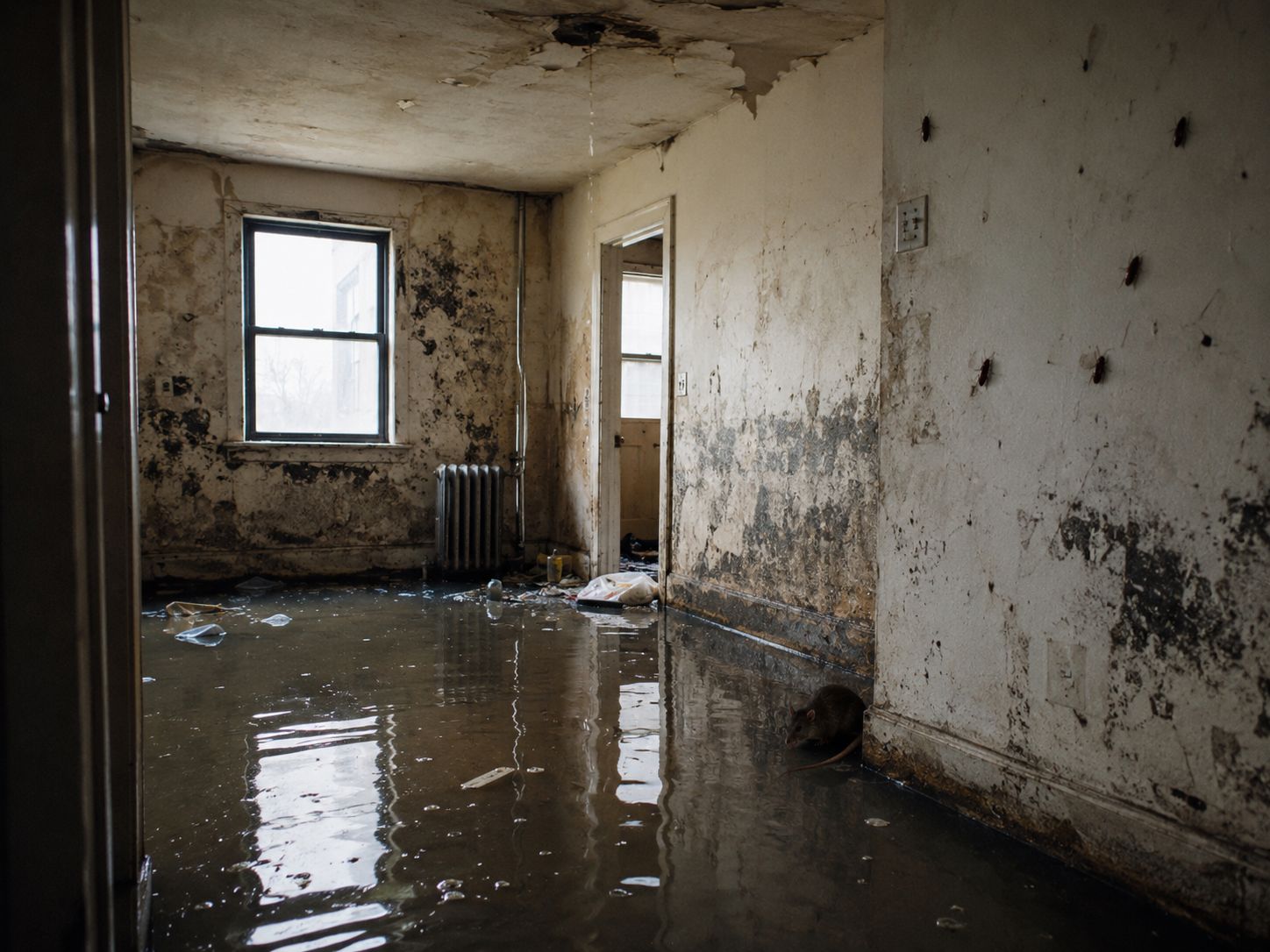 Apartment with mold, a collapsing ceiling and a flooded floor